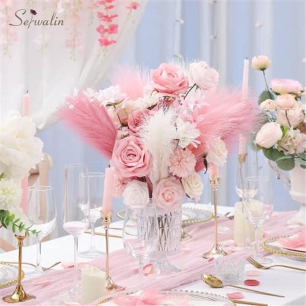 Pampas Grass Pink Decor 17.7 Inch 6pcs, Faux Pampas Grass Home Decor - Picture 4 of 5